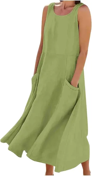 Summer Dresses for Womens Cotton Linen Sleeveless Maxi Dresses Casual Sun Dress Comfy Summer Beach Outfits with Pocket