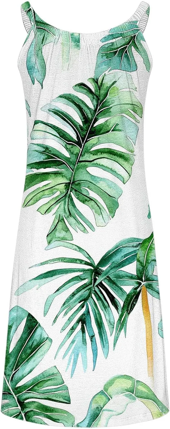 Summer Hawaiian Dresses for Women Loose Fit Beach Vacation Casual Crew Neck Sleeveless Sundresses Flowy Tank Dress