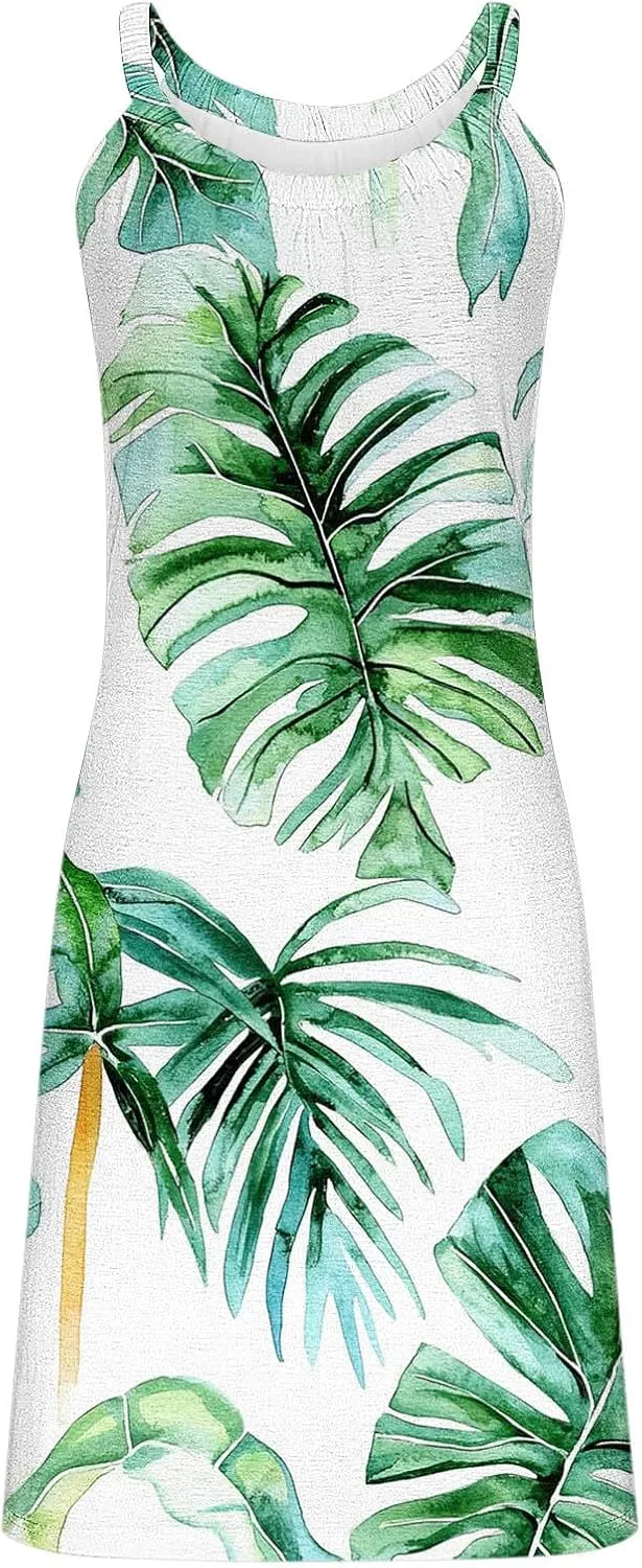 Summer Hawaiian Dresses for Women Loose Fit Beach Vacation Casual Crew Neck Sleeveless Sundresses Flowy Tank Dress