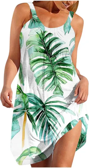 Summer Hawaiian Dresses for Women Loose Fit Beach Vacation Casual Crew Neck Sleeveless Sundresses Flowy Tank Dress