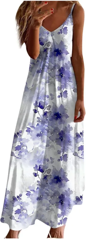 Summer Maxi Dresses for Women 2024 Sexy Floral Slip Dress Trendy Long V Neck Sun Dress Casual Summer Beach Vacation Outfits