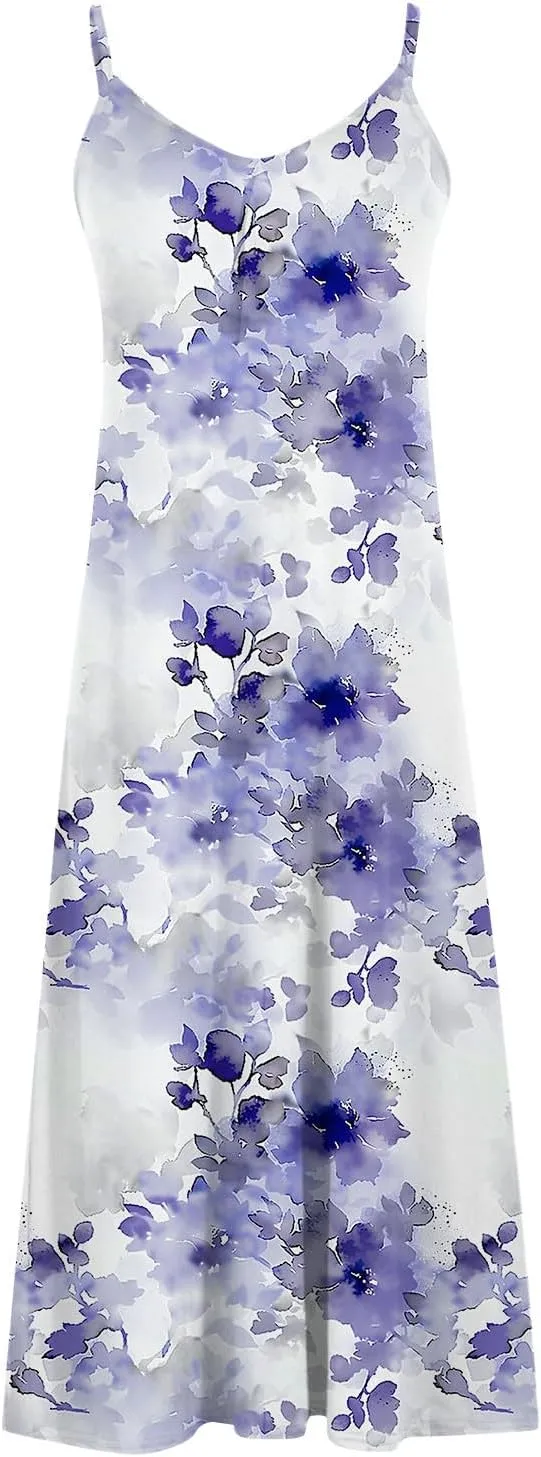 Summer Maxi Dresses for Women 2024 Sexy Floral Slip Dress Trendy Long V Neck Sun Dress Casual Summer Beach Vacation Outfits