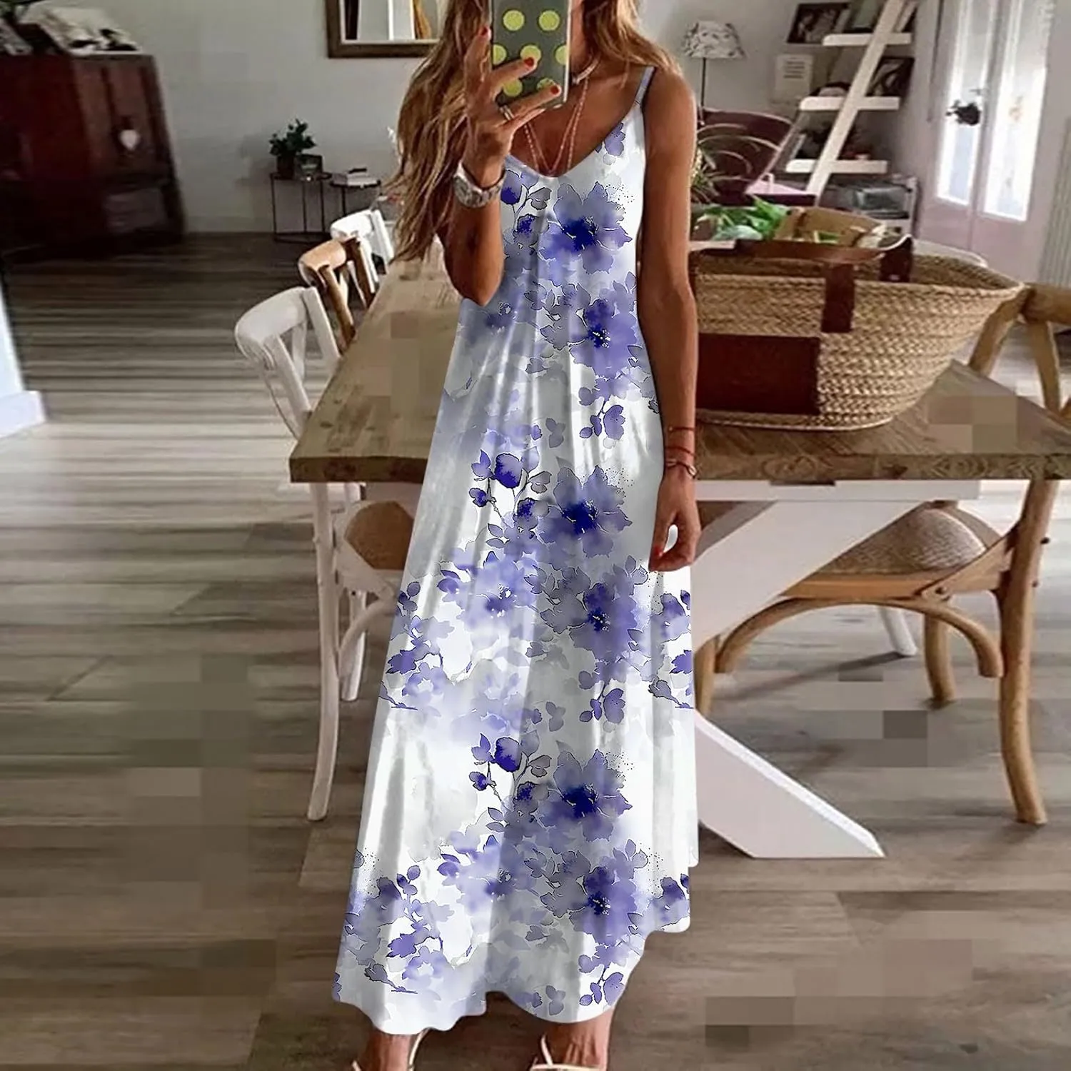 Summer Maxi Dresses for Women 2024 Sexy Floral Slip Dress Trendy Long V Neck Sun Dress Casual Summer Beach Vacation Outfits