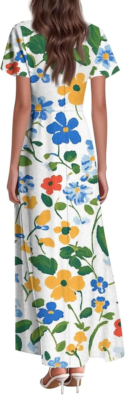 Summer Outfits for Women,Women's Loose Casual V-Neck Short Sleeved High Waisted Print Chiffon Dress