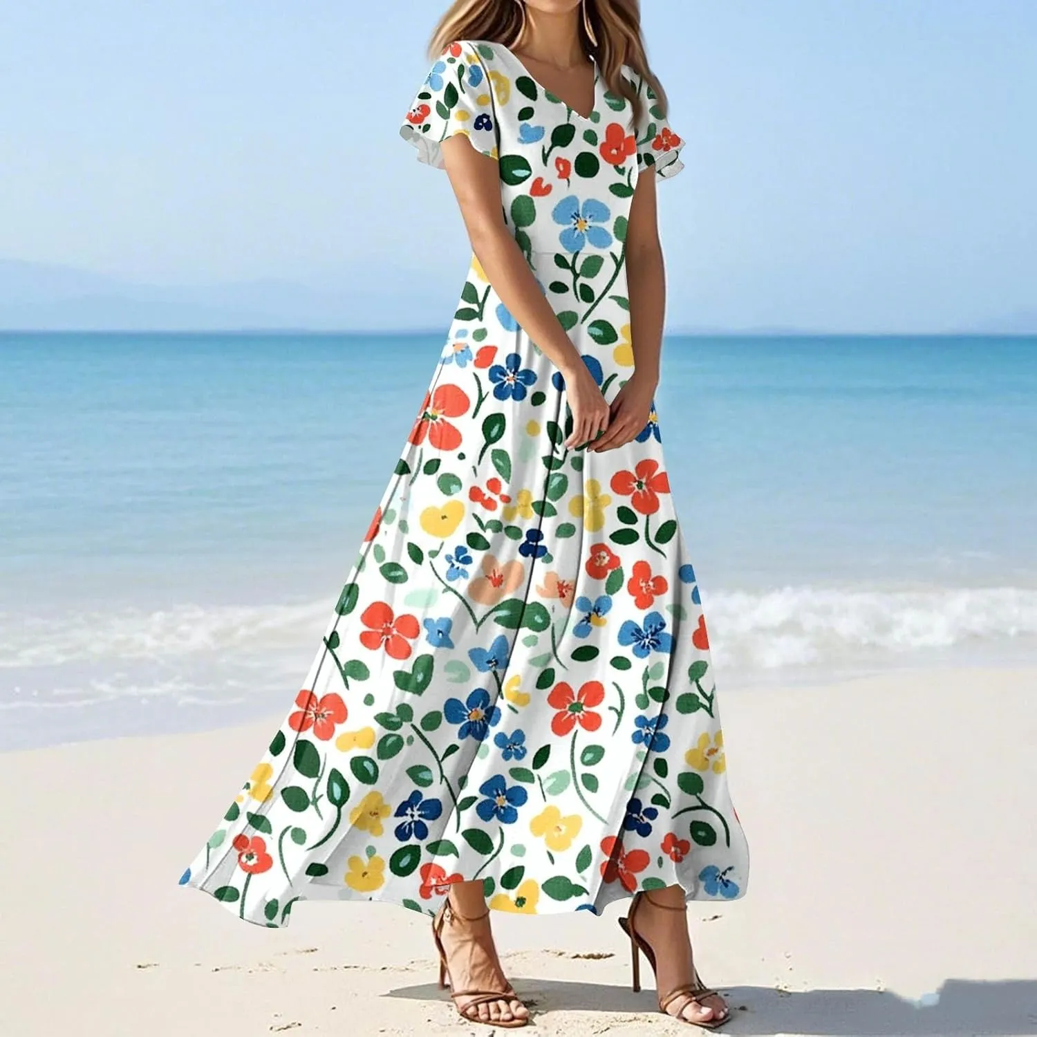 Summer Outfits for Women,Women's Loose Casual V-Neck Short Sleeved High Waisted Print Chiffon Dress