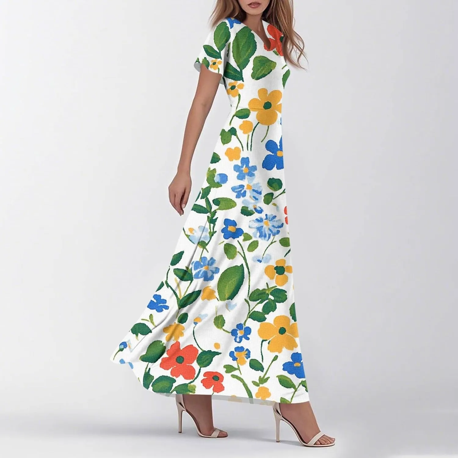 Summer Outfits for Women,Women's Loose Casual V-Neck Short Sleeved High Waisted Print Chiffon Dress