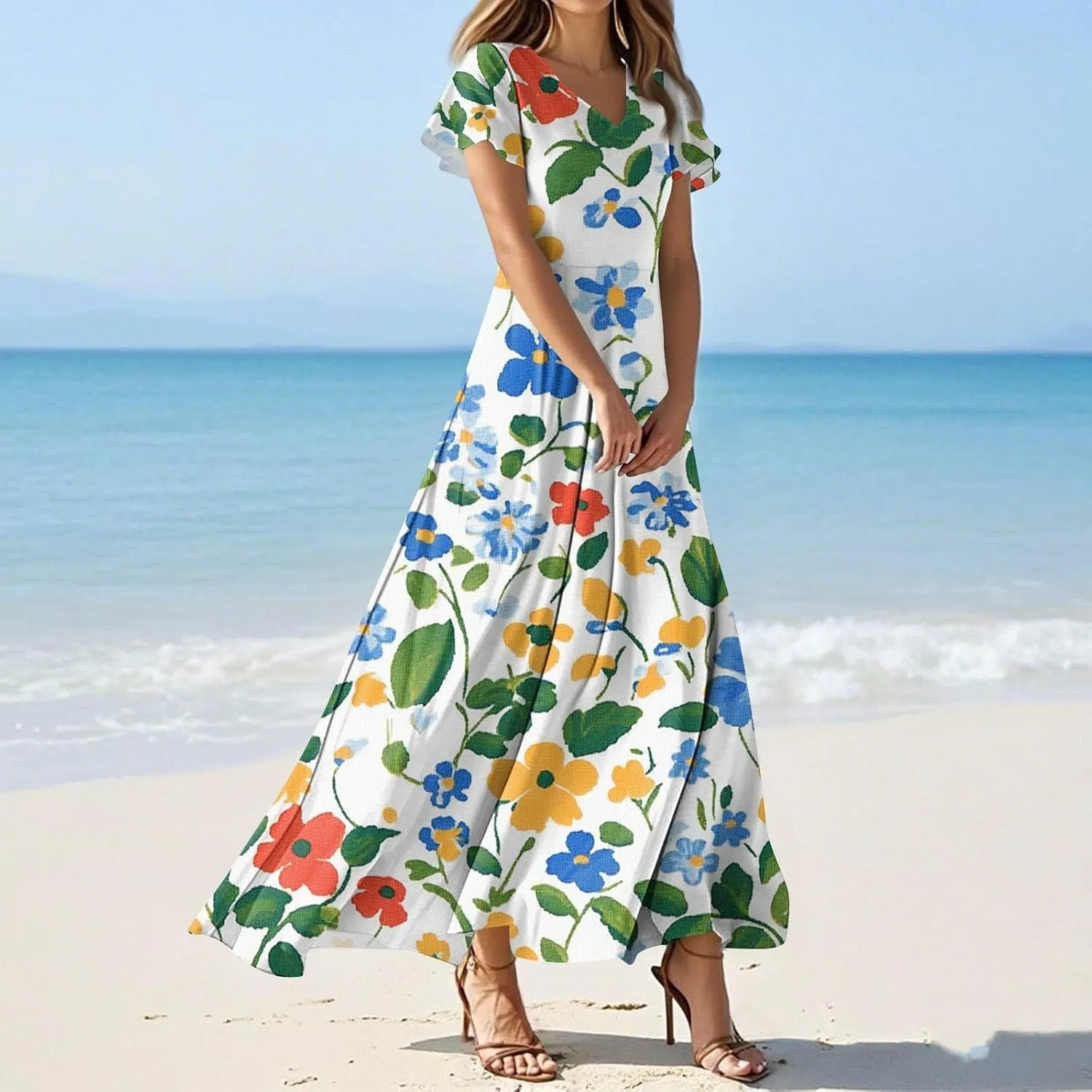 Summer Outfits for Women,Women's Loose Casual V-Neck Short Sleeved High Waisted Print Chiffon Dress
