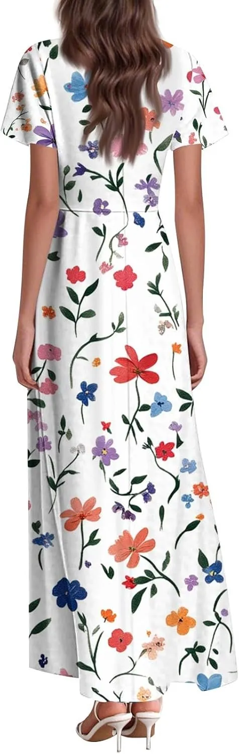 Summer Outfits for Women,Women's Loose Casual V-Neck Short Sleeved High Waisted Print Chiffon Dress