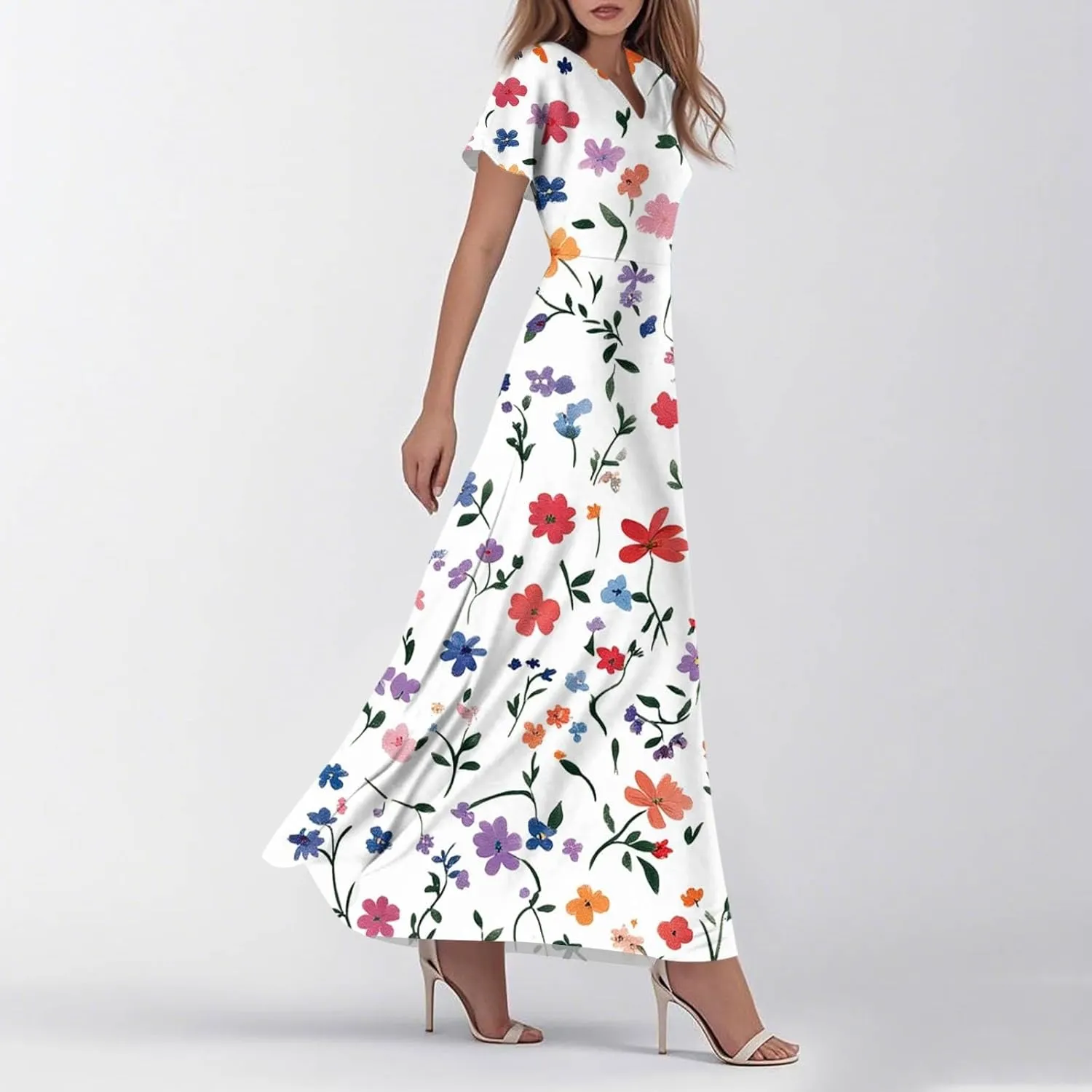 Summer Outfits for Women,Women's Loose Casual V-Neck Short Sleeved High Waisted Print Chiffon Dress