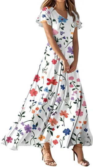 Summer Outfits for Women,Women's Loose Casual V-Neck Short Sleeved High Waisted Print Chiffon Dress