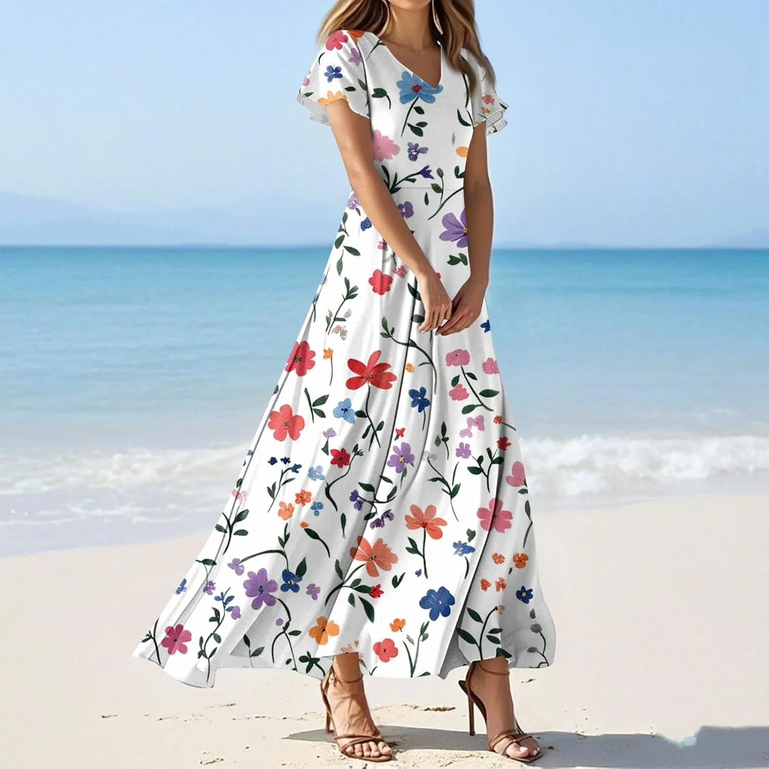 Summer Outfits for Women,Women's Loose Casual V-Neck Short Sleeved High Waisted Print Chiffon Dress