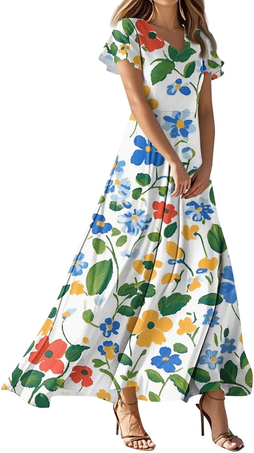 Summer Outfits for Women,Women's Loose Casual V-Neck Short Sleeved High Waisted Print Chiffon Dress