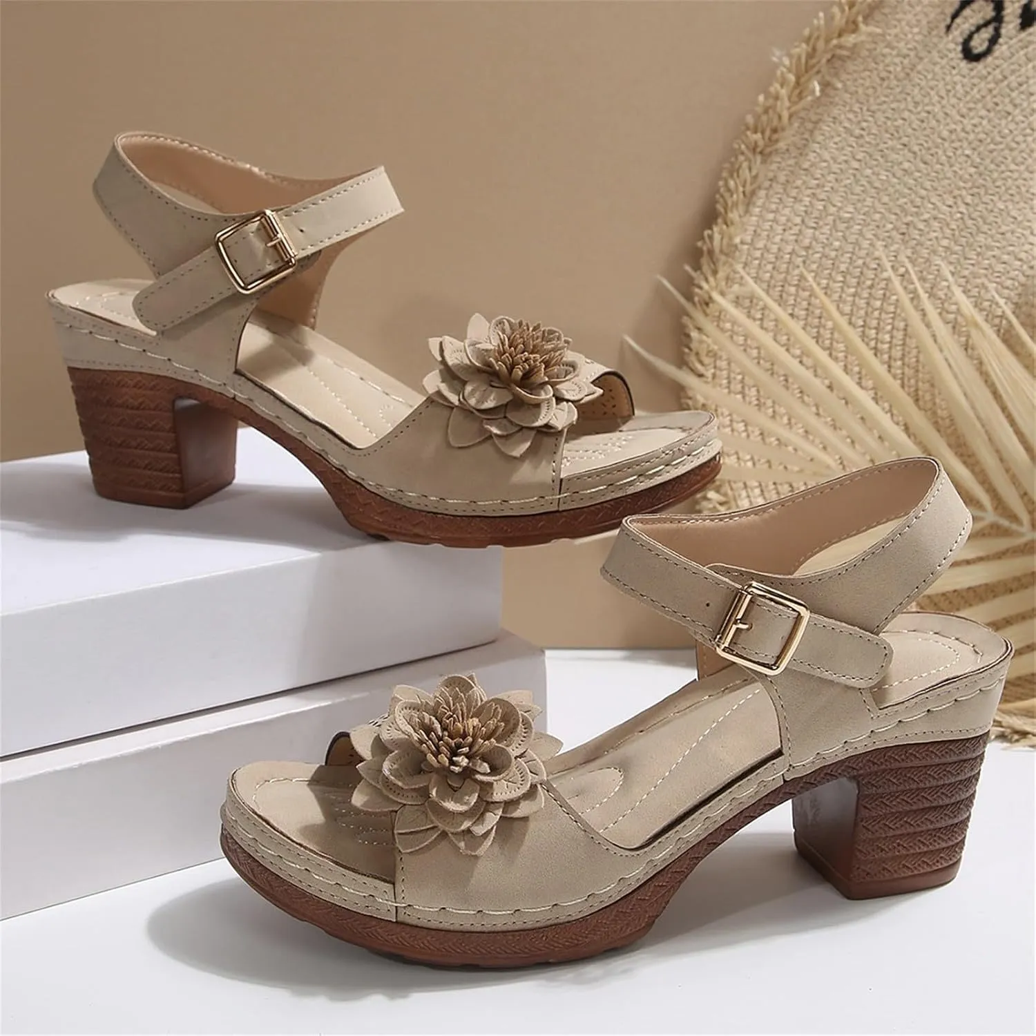 Summer Sandals Women 2025 Trendy Bohemia Ankle Strap Low Heel Platform Sandals Arch Support Comfortable Beach Shoes