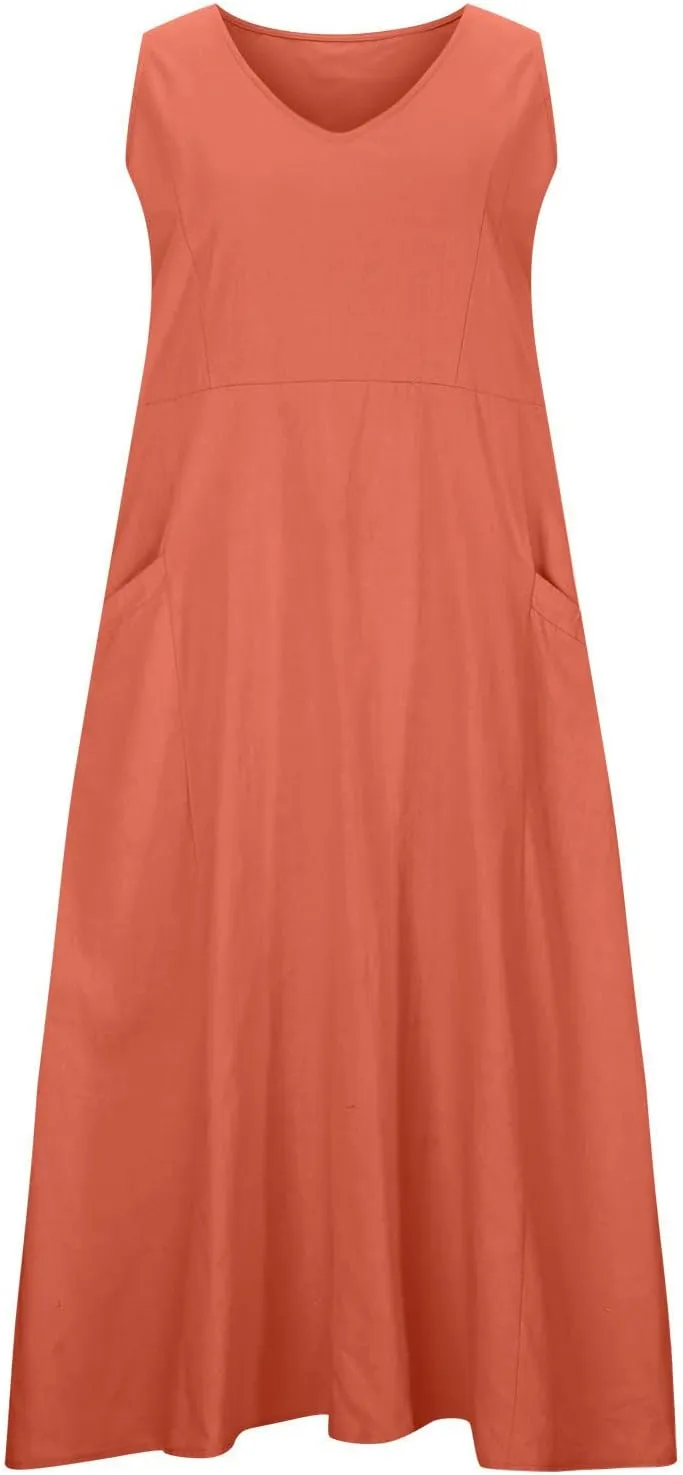 Sun Dresses Women Summer Casual Sexy Sleeveless Cotton Linen Scoop Neck Ruffle Flowy Long Maxi Dress with Pockets