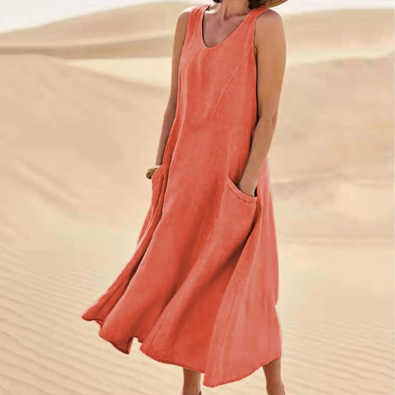 Sun Dresses Women Summer Casual Sexy Sleeveless Cotton Linen Scoop Neck Ruffle Flowy Long Maxi Dress with Pockets