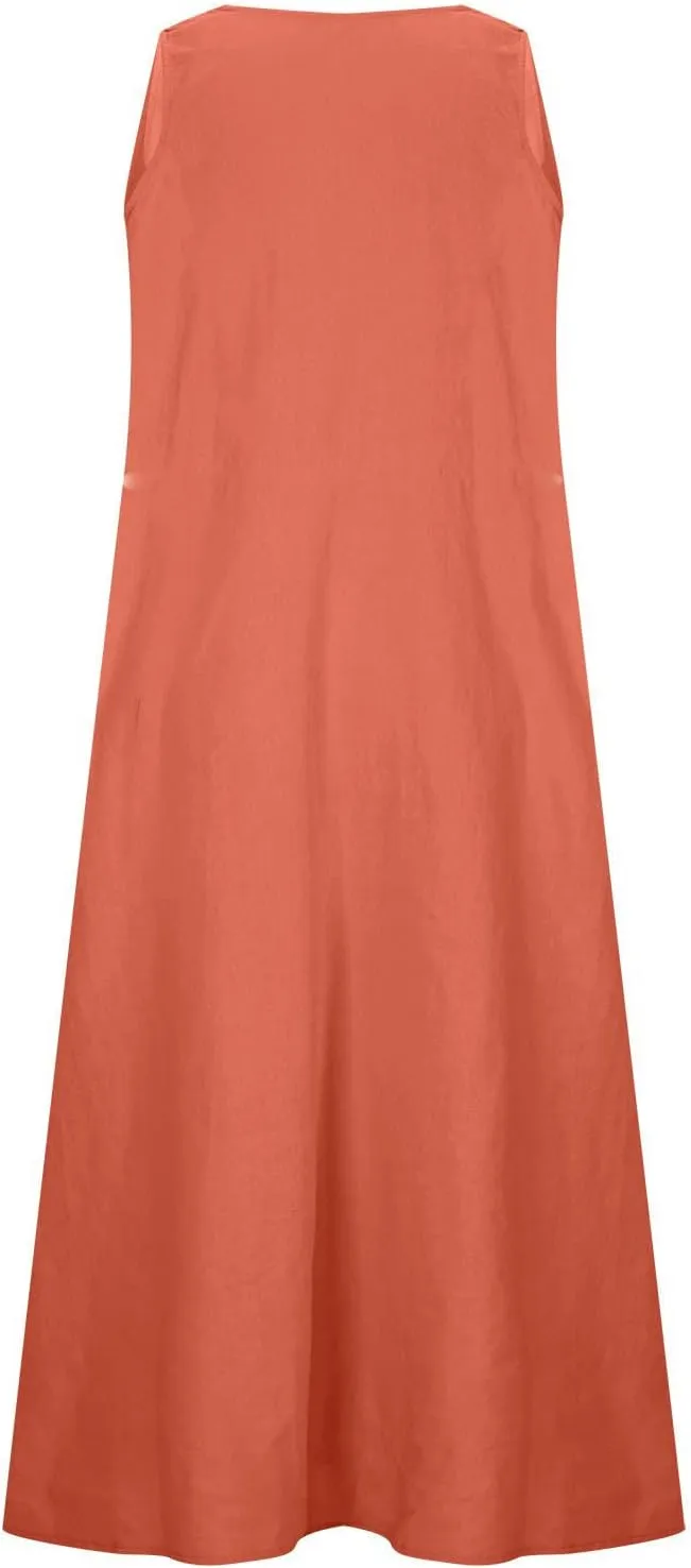 Sun Dresses Women Summer Casual Sexy Sleeveless Cotton Linen Scoop Neck Ruffle Flowy Long Maxi Dress with Pockets