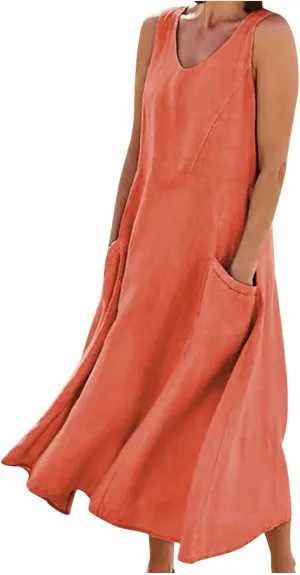 Sun Dresses Women Summer Casual Sexy Sleeveless Cotton Linen Scoop Neck Ruffle Flowy Long Maxi Dress with Pockets