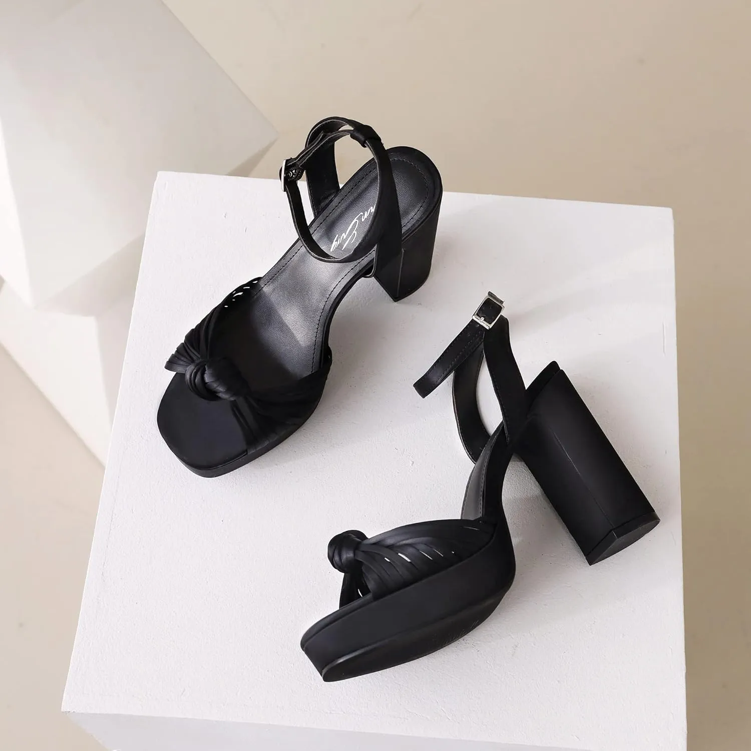 sun gurg Strappy Platform Heels for Women Square Open Toe Chunky High Heels Multicolored Ankle Strap Block Heeled Sandals for Prom Wedding Date Night