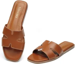 Tanamo Women's Slide Sandals, Comfortable Flats Summer Dressy Casual Beach Open Toe Shoes Slip On Leather Flat Sandals