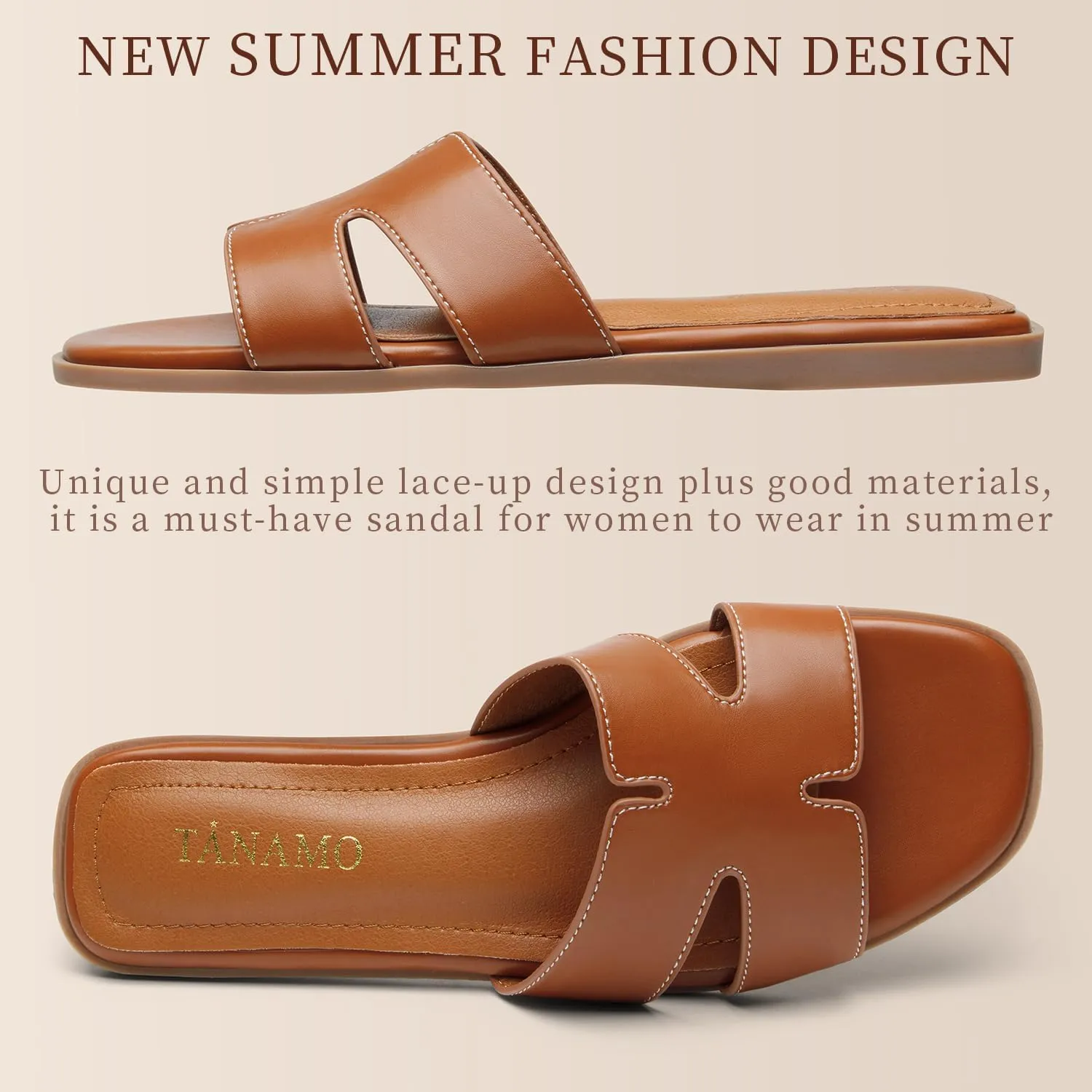 Tanamo Women's Slide Sandals, Comfortable Flats Summer Dressy Casual Beach Open Toe Shoes Slip On Leather Flat Sandals