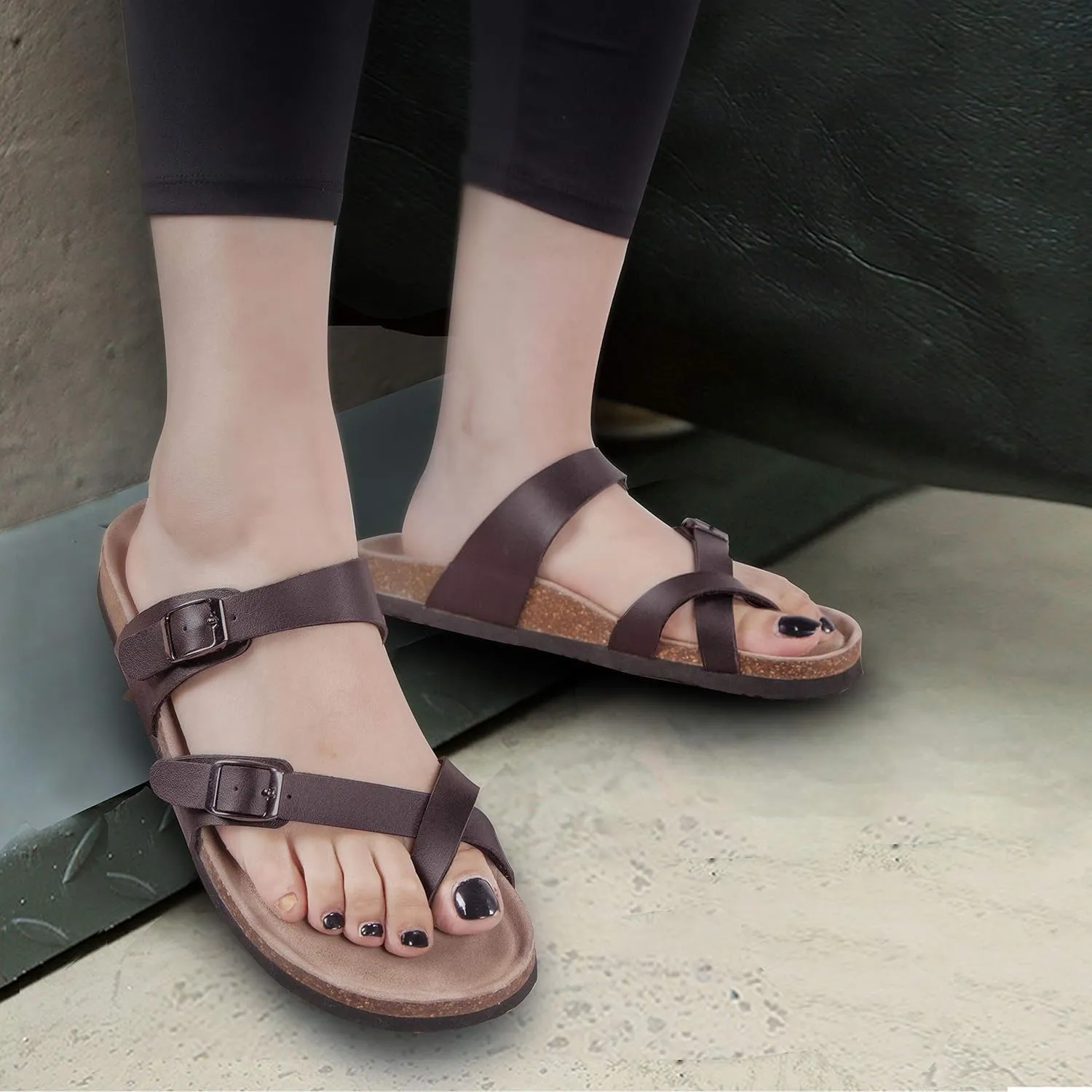 TF STAR Adjustable Sandals, Flat Leather Casual Slippers for Women & Ladies, Flip-Flops Ring Open-Toe Slide Cork Footbed for Teenagers/Girls
