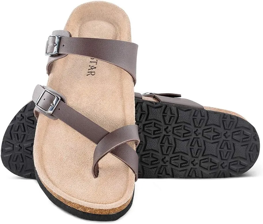 TF STAR Adjustable Sandals, Flat Leather Casual Slippers for Women & Ladies, Flip-Flops Ring Open-Toe Slide Cork Footbed for Teenagers/Girls