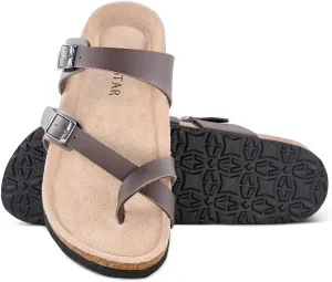 TF STAR Adjustable Sandals, Flat Leather Casual Slippers for Women & Ladies, Flip-Flops Ring Open-Toe Slide Cork Footbed for Teenagers/Girls