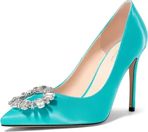 TNYNFBEB Womens Stiletto High Heel Pointed Toe Pumps Slip-on Satin Buckle Rhinestone Crystal Wedding Party Basic Classic Summer 3.9 Inches Heels