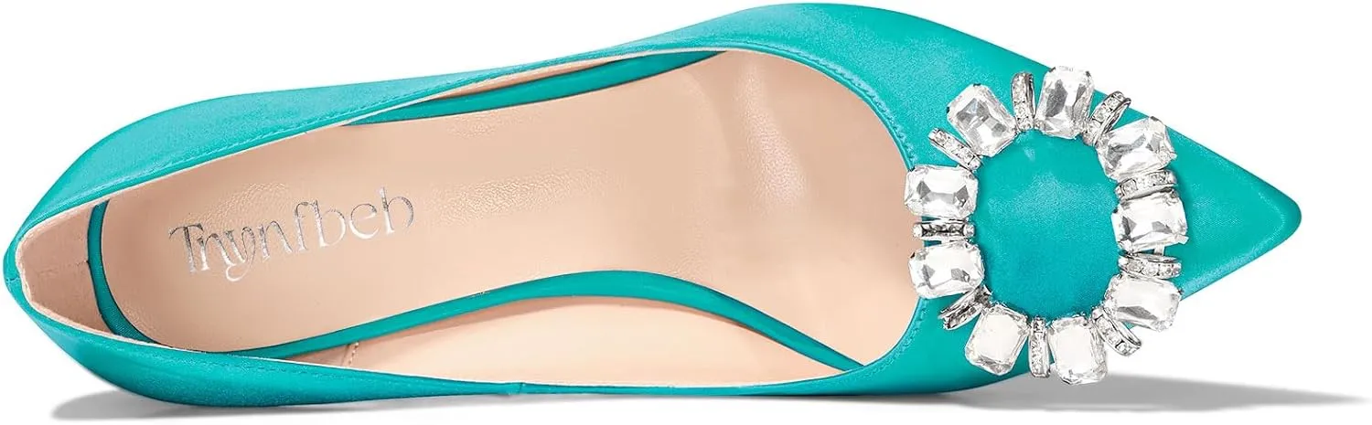 TNYNFBEB Womens Stiletto High Heel Pointed Toe Pumps Slip-on Satin Buckle Rhinestone Crystal Wedding Party Basic Classic Summer 3.9 Inches Heels