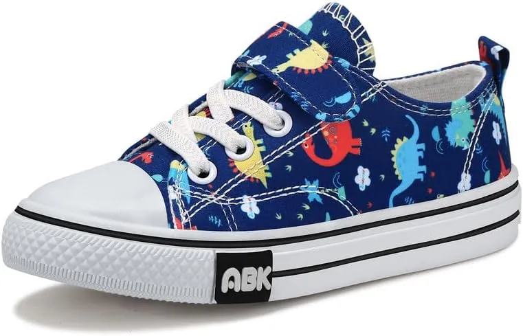 Toddler Boys Girls Slip On Canvas Sneakers Cartoon Dinasour Printed Little Kid Unisex Adjustable Strap Walking Shoes Lazy Shoes with Hook and Loops