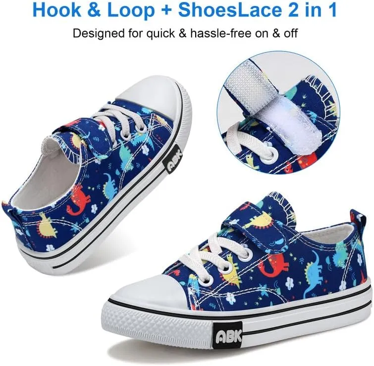 Toddler Boys Girls Slip On Canvas Sneakers Cartoon Dinasour Printed Little Kid Unisex Adjustable Strap Walking Shoes Lazy Shoes with Hook and Loops