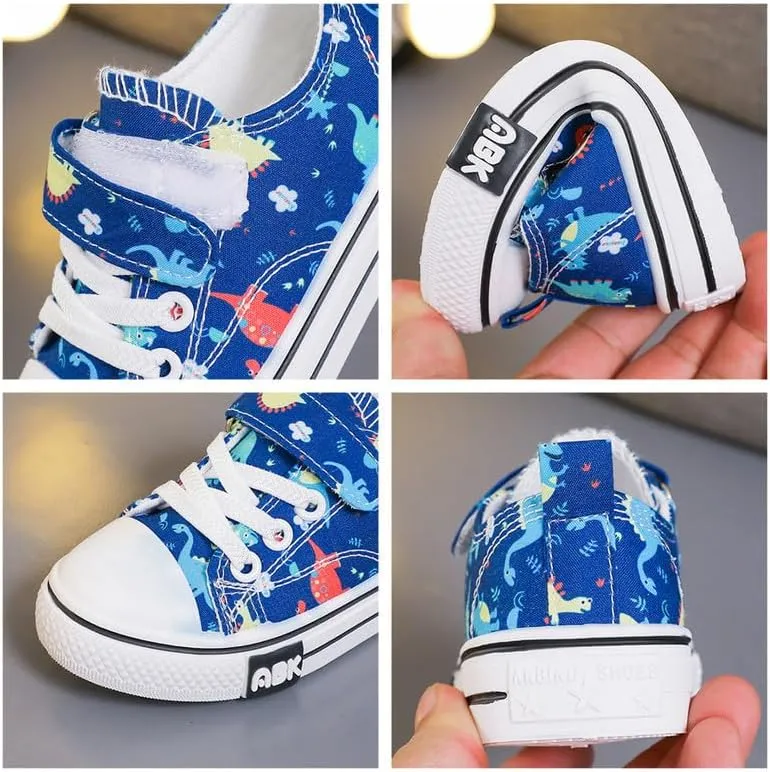 Toddler Boys Girls Slip On Canvas Sneakers Cartoon Dinasour Printed Little Kid Unisex Adjustable Strap Walking Shoes Lazy Shoes with Hook and Loops
