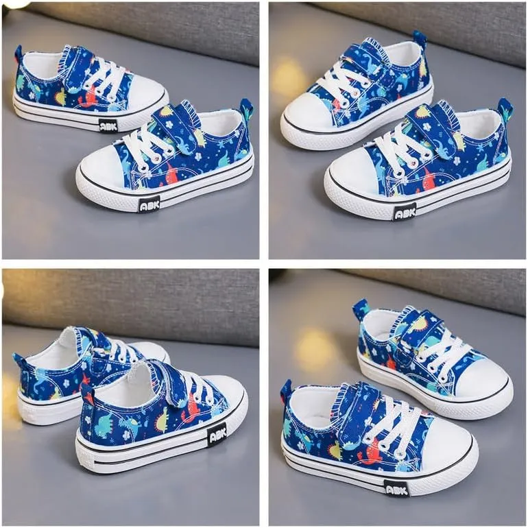 Toddler Boys Girls Slip On Canvas Sneakers Cartoon Dinasour Printed Little Kid Unisex Adjustable Strap Walking Shoes Lazy Shoes with Hook and Loops