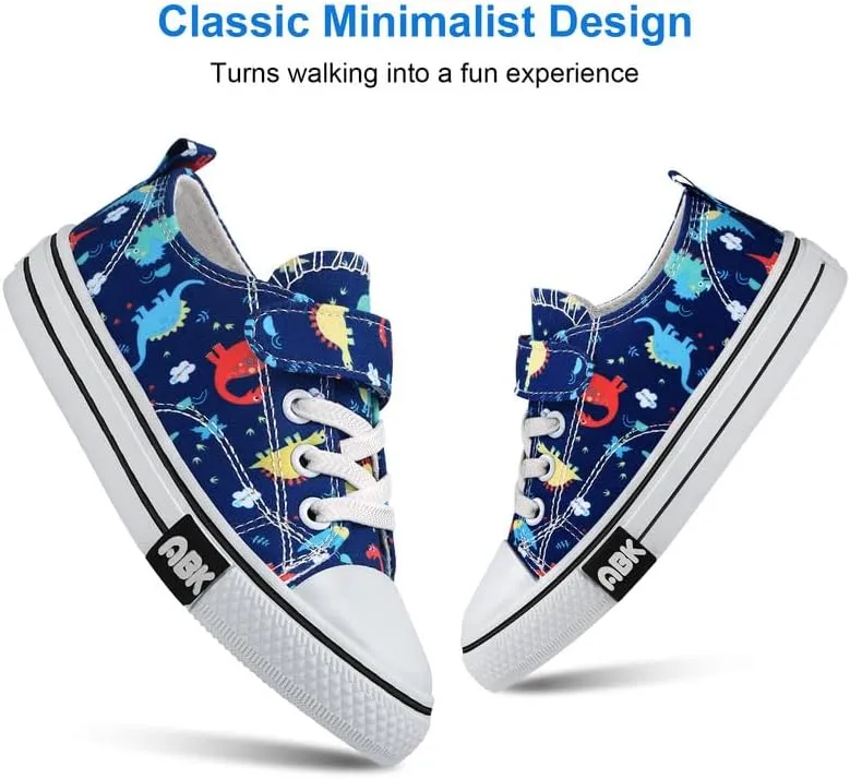 Toddler Boys Girls Slip On Canvas Sneakers Cartoon Dinasour Printed Little Kid Unisex Adjustable Strap Walking Shoes Lazy Shoes with Hook and Loops