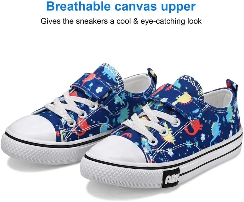 Toddler Boys Girls Slip On Canvas Sneakers Cartoon Dinasour Printed Little Kid Unisex Adjustable Strap Walking Shoes Lazy Shoes with Hook and Loops