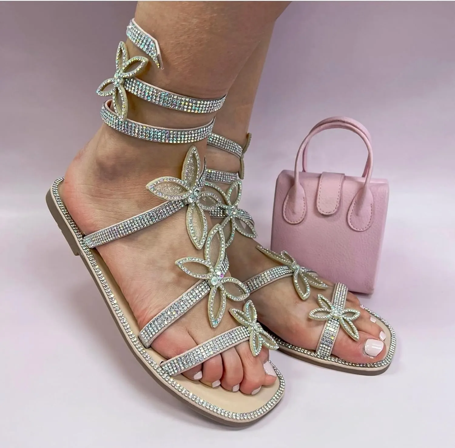 TOP Moda Women Butterfly Rhinestone Wrap-around Flat Sandals