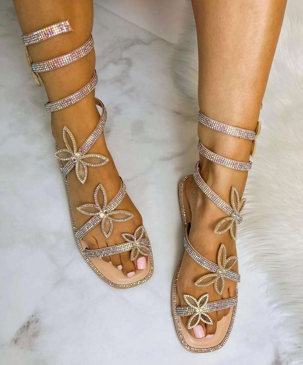 TOP Moda Women Butterfly Rhinestone Wrap-around Flat Sandals