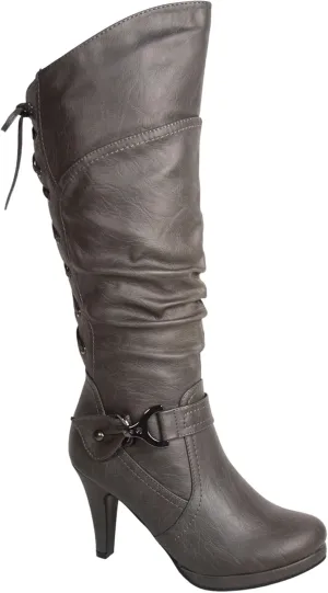 TOP Moda Womens Page-65 Knee High Round Toe Lace-Up Slouched High Heel Boots