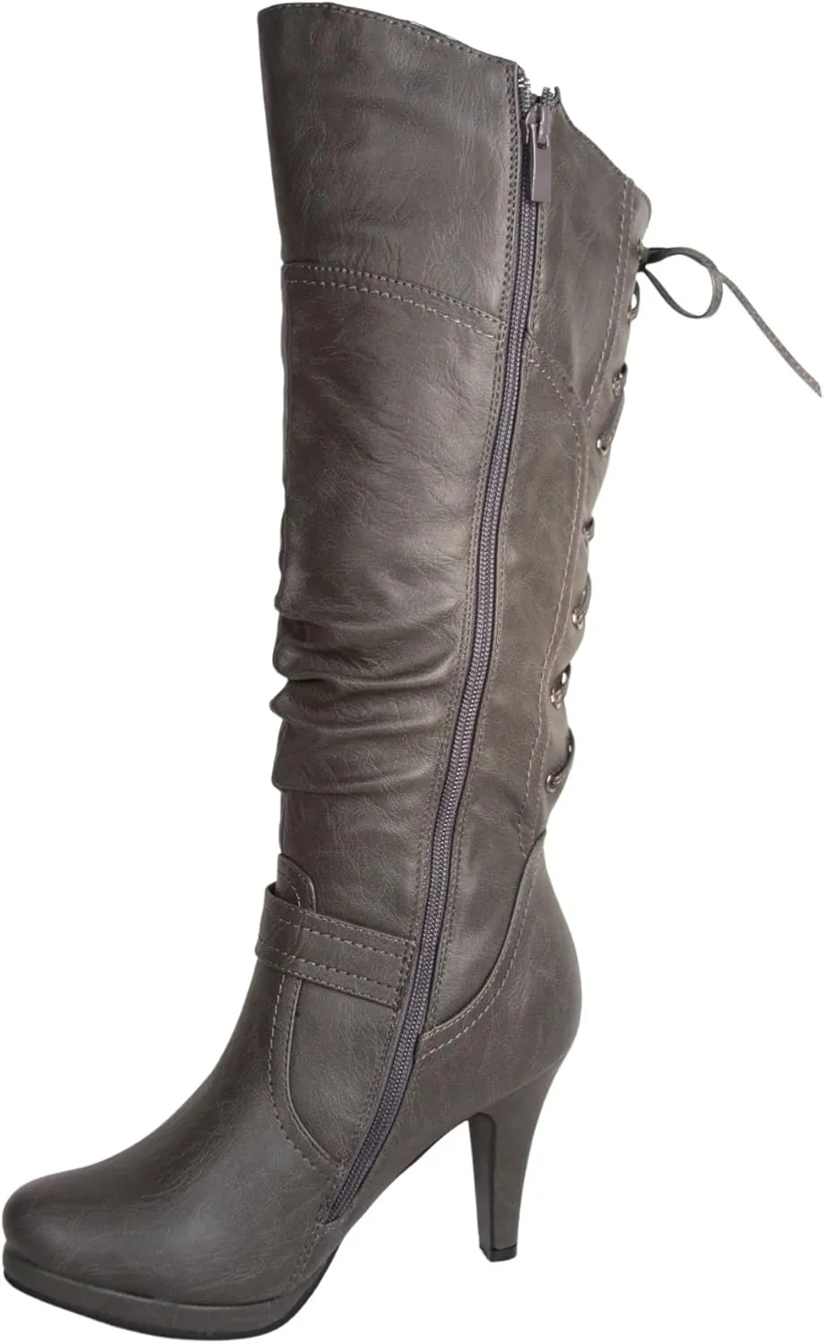 TOP Moda Womens Page-65 Knee High Round Toe Lace-Up Slouched High Heel Boots
