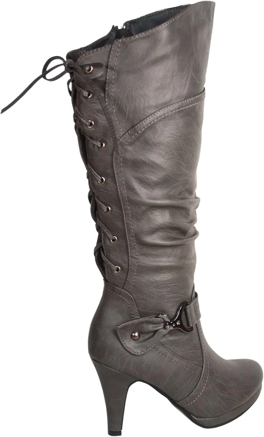 TOP Moda Womens Page-65 Knee High Round Toe Lace-Up Slouched High Heel Boots