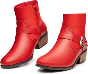 Trary Ankle Boots for Women Round Toe Low Heel Womens Ankle Boots Side Zipper Booties Winter with Buckle,with Fleece Linning