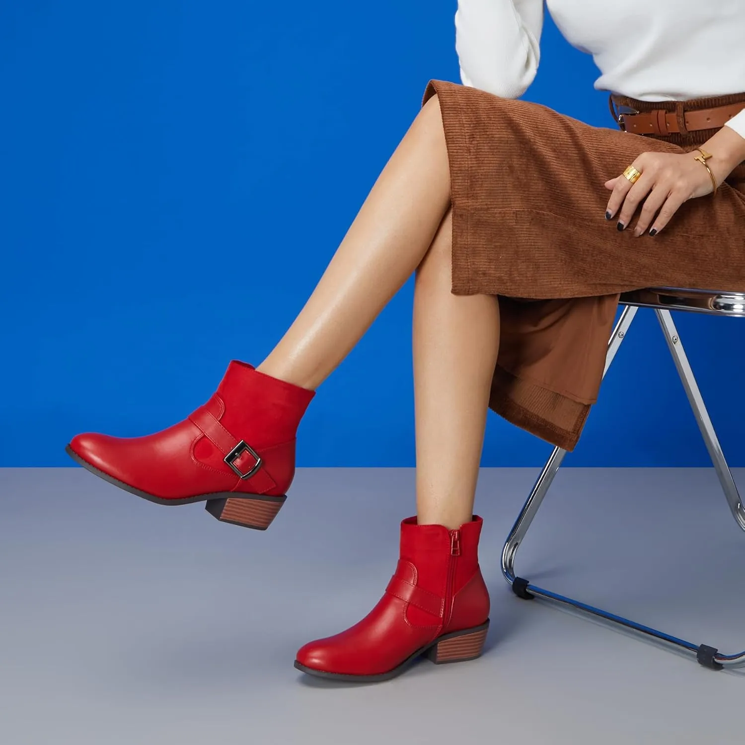 Trary Ankle Boots for Women Round Toe Low Heel Womens Ankle Boots Side Zipper Booties Winter with Buckle,with Fleece Linning