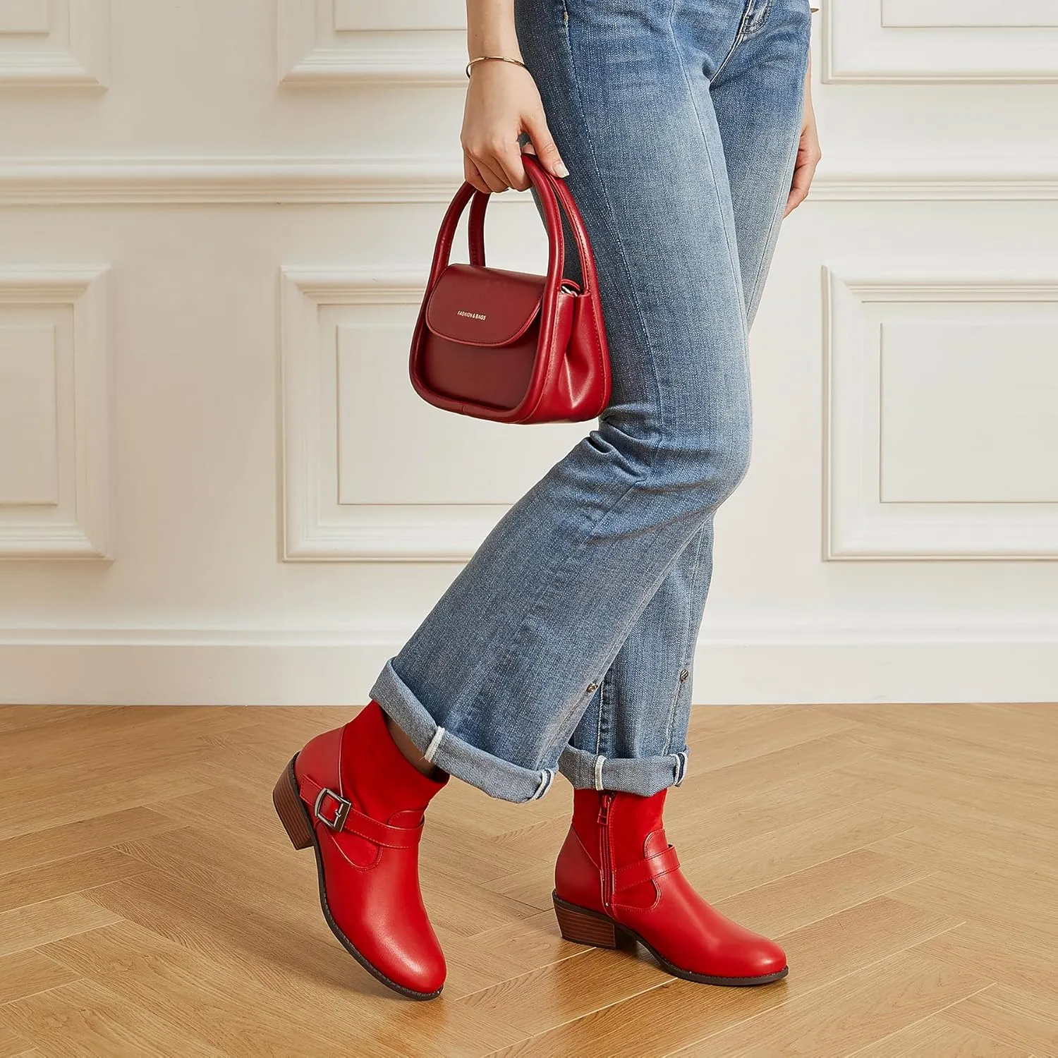 Trary Ankle Boots for Women Round Toe Low Heel Womens Ankle Boots Side Zipper Booties Winter with Buckle,with Fleece Linning