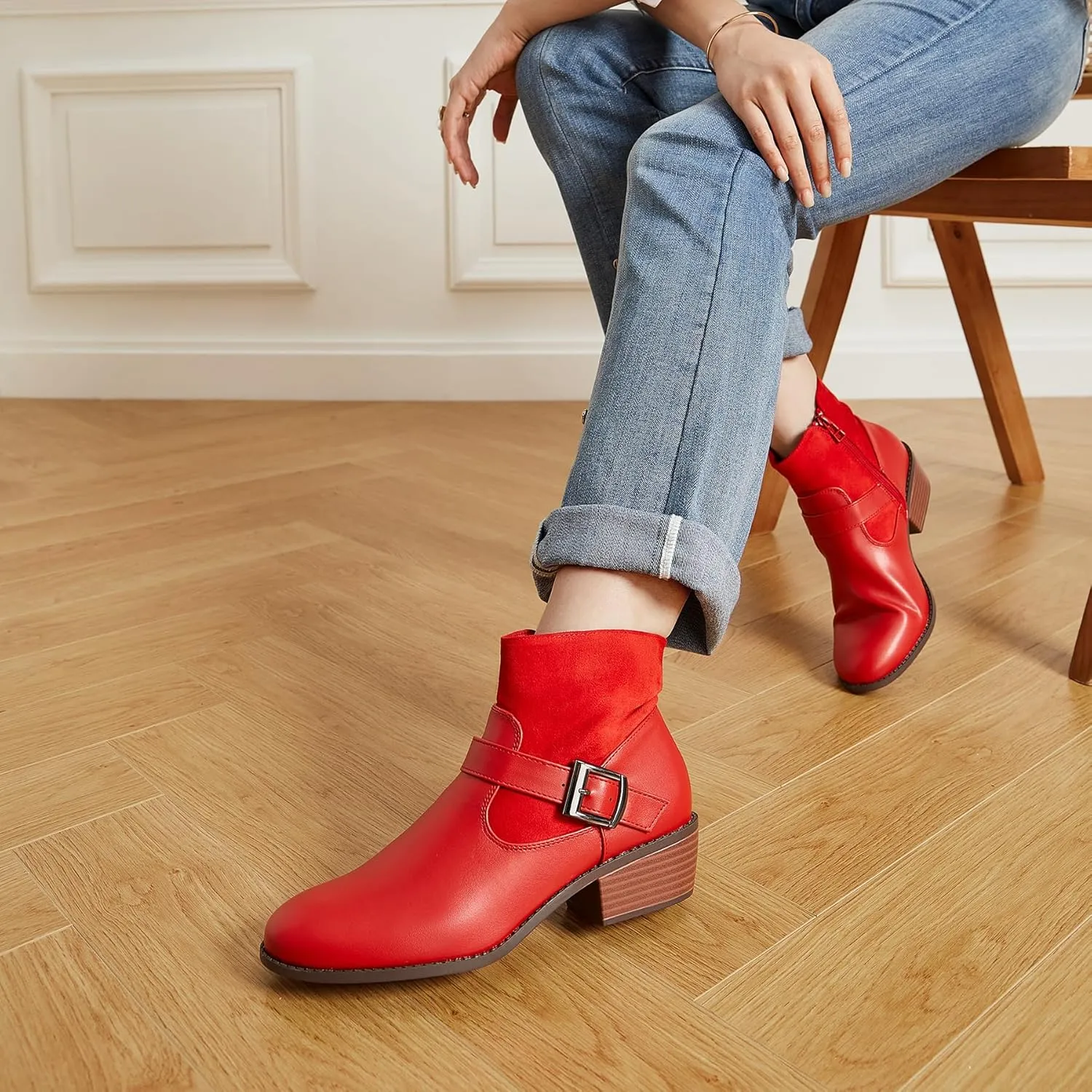 Trary Ankle Boots for Women Round Toe Low Heel Womens Ankle Boots Side Zipper Booties Winter with Buckle,with Fleece Linning