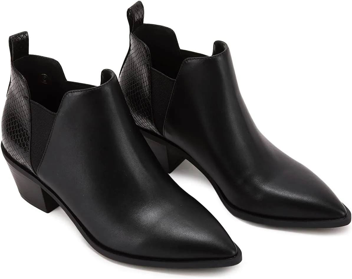 Trish Lucia Womens Ankle Boots Pointed Toe Stacked Chunky Heel Slip on Chelsea Short Booties