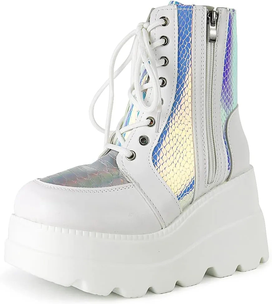 Tscoyuki Platform Ankle Boots for Women Chunky High Heel Booties Goth Round Toe Combat Boots Women Lace Up Motorcycle Wedges