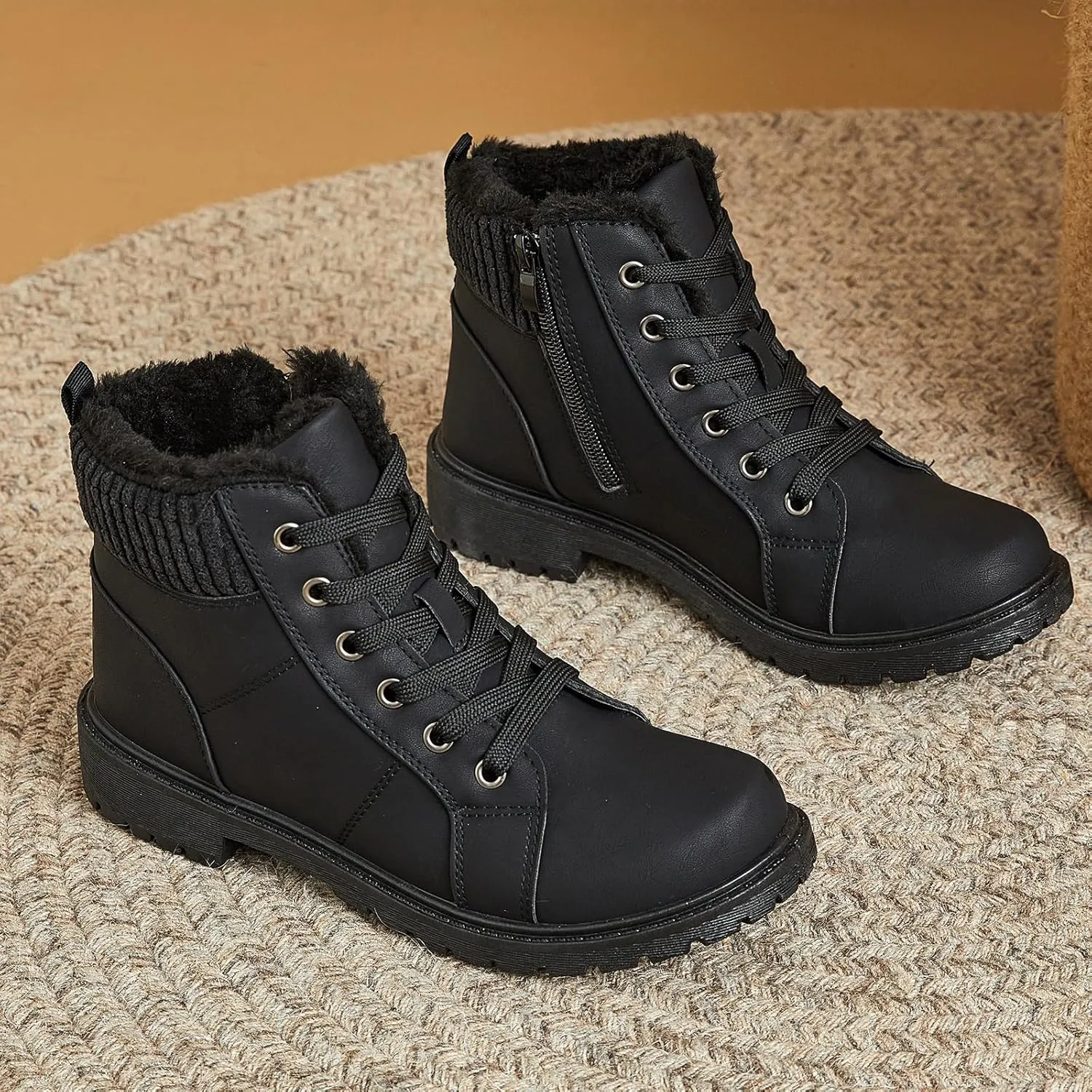 Uoidru Combat Boots For Women Ankle Booties Black Winter Snow Boots White Lace Up Boots Comfort Fuzzy Boot Side Zipper Short Boots (Warm,Non slip)