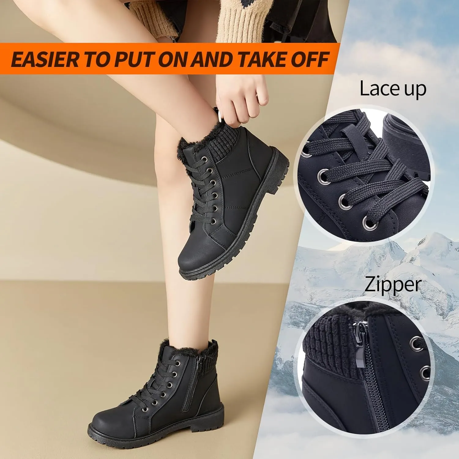 Uoidru Combat Boots For Women Ankle Booties Black Winter Snow Boots White Lace Up Boots Comfort Fuzzy Boot Side Zipper Short Boots (Warm,Non slip)