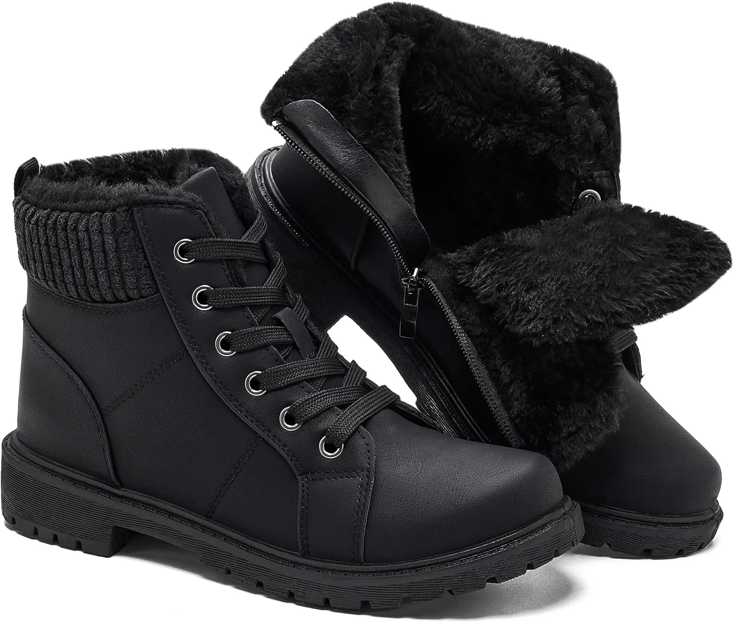 Uoidru Combat Boots For Women Ankle Booties Black Winter Snow Boots White Lace Up Boots Comfort Fuzzy Boot Side Zipper Short Boots (Warm,Non slip)