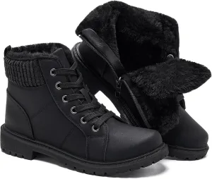 Uoidru Combat Boots For Women Ankle Booties Black Winter Snow Boots White Lace Up Boots Comfort Fuzzy Boot Side Zipper Short Boots (Warm,Non slip)